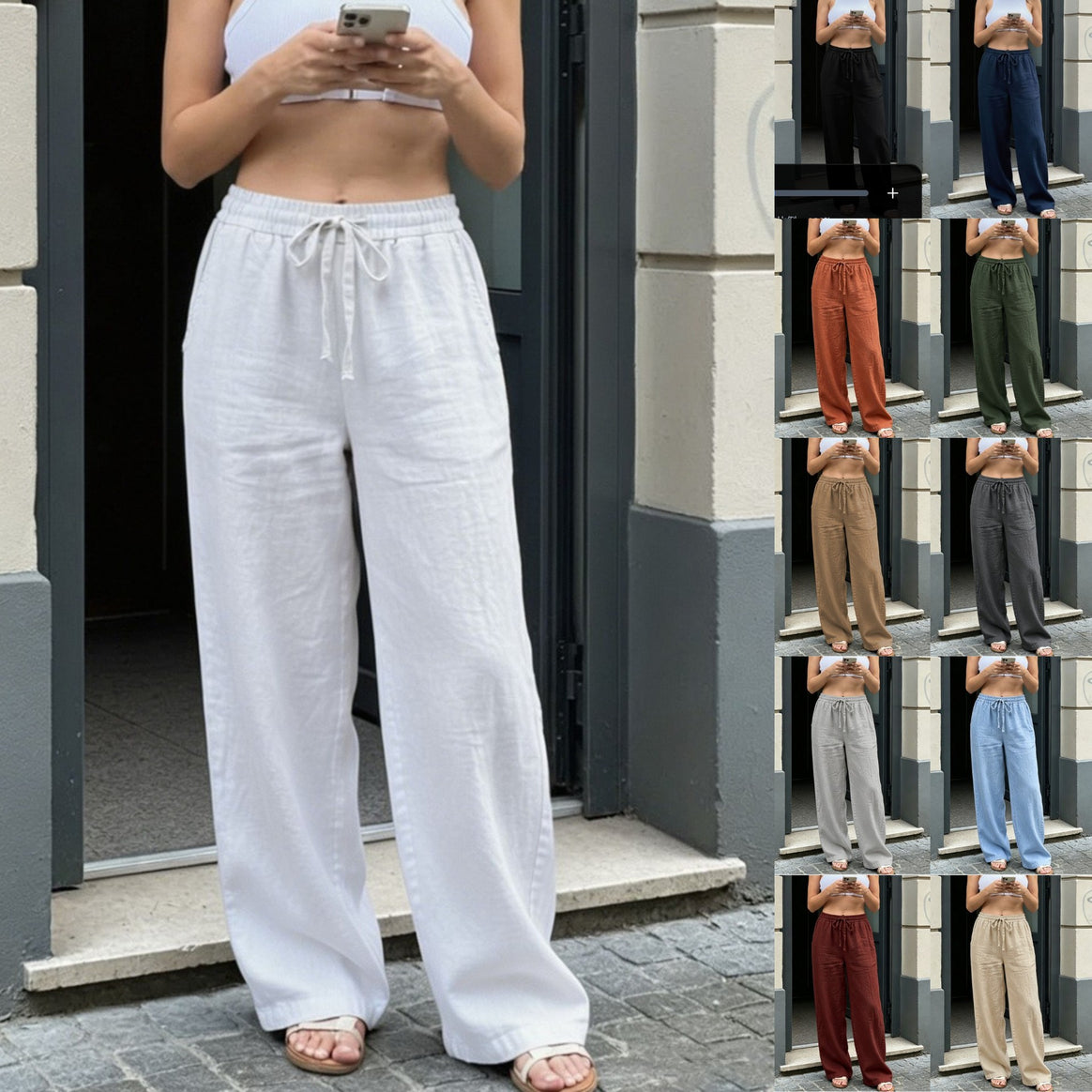Women Wide Linen Look Pants with Elastic Waistband, Drawstring and Side Pockets Mune Fashion