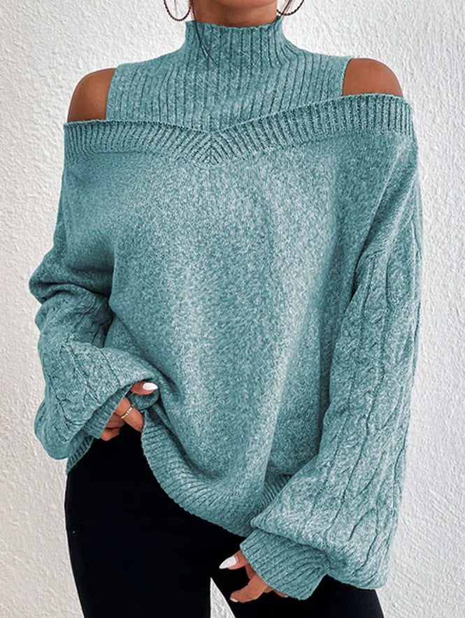 Women's off-the-shoulder knitted pullover with stand-up collar and cable-knit sleeves Mune Fashion