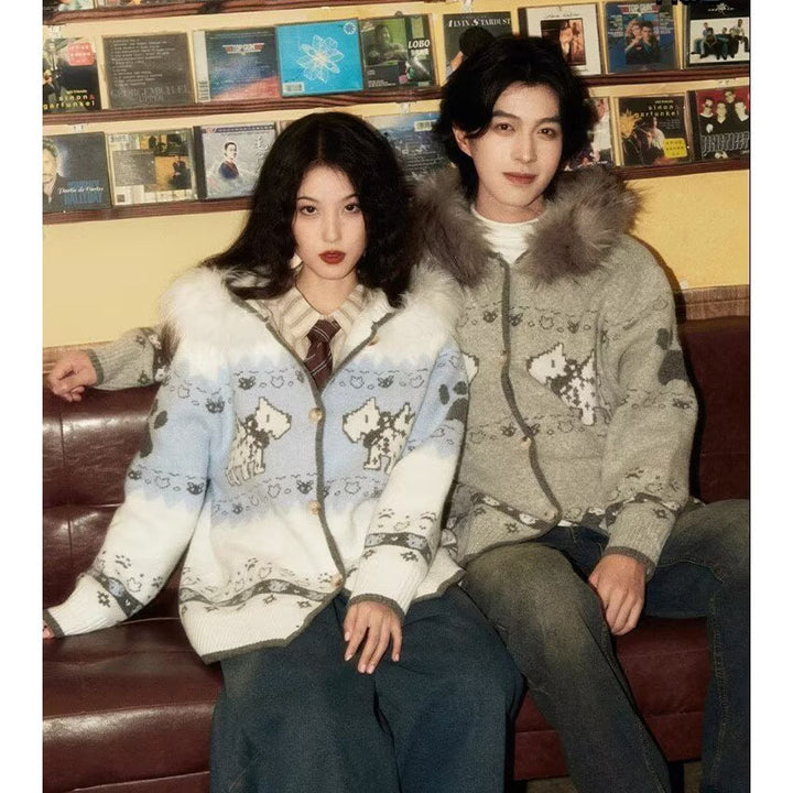 Ladies Cozy Cardigan with Animal Pattern and Fur Collar Mune Fashion