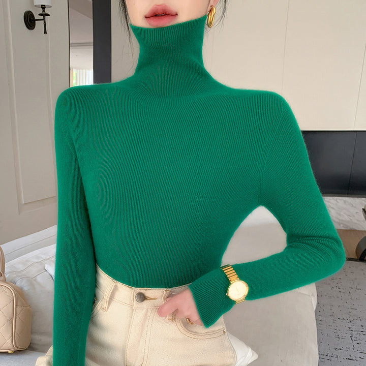 Women Slim Fine Knit Sweater with High Roll Neck and Fine Rib Structure Mune Fashion