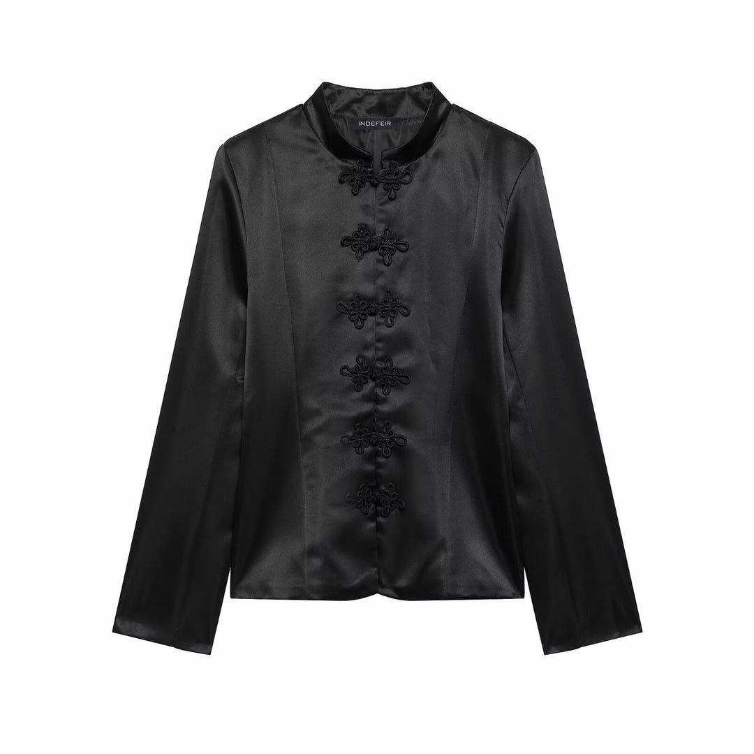 Women's satin blazer jacket with mandarin collar and decorative frog buttons Drune