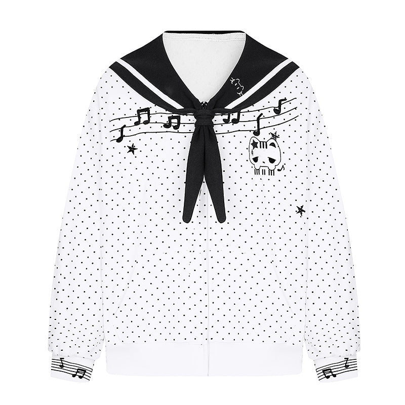 Women's zip-up sweat jacket in sailor style with bow collar, polka dot and music motif Mune Fashion