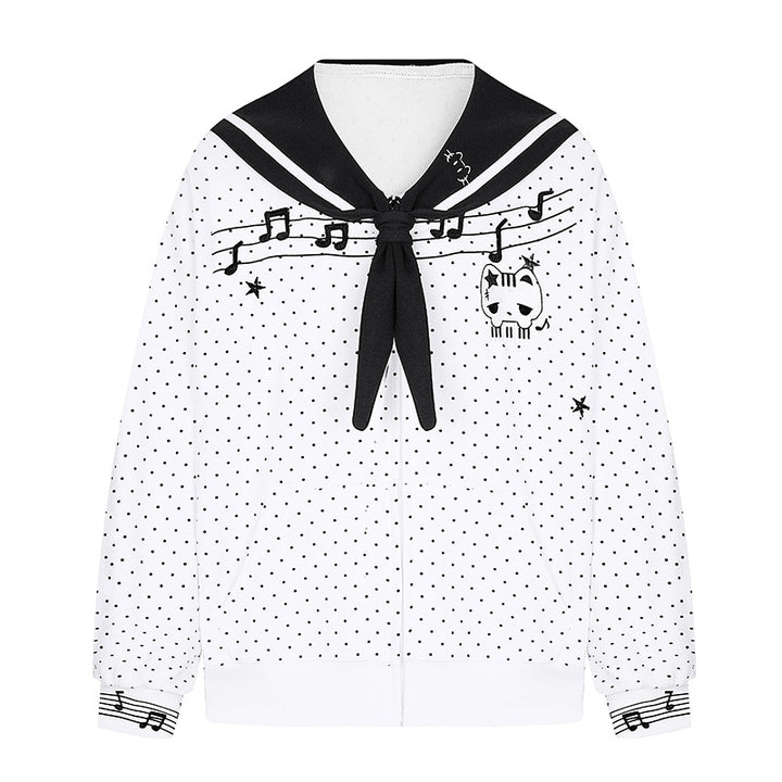 Women's zip-up sweat jacket in sailor style with bow collar, polka dot and music motif Mune Fashion