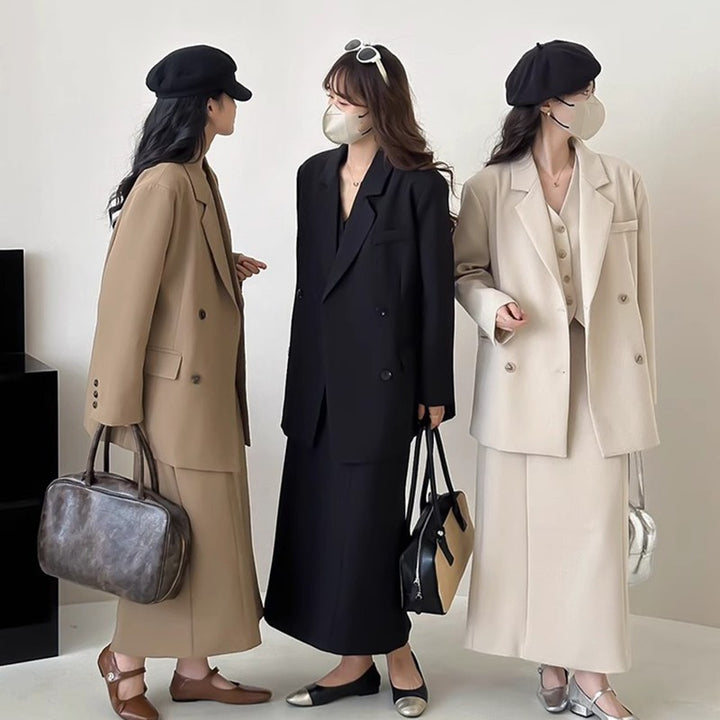 Women's Oversized Blazer with Boxy Vest and Ankle-Length Midi Skirt Mune Fashion
