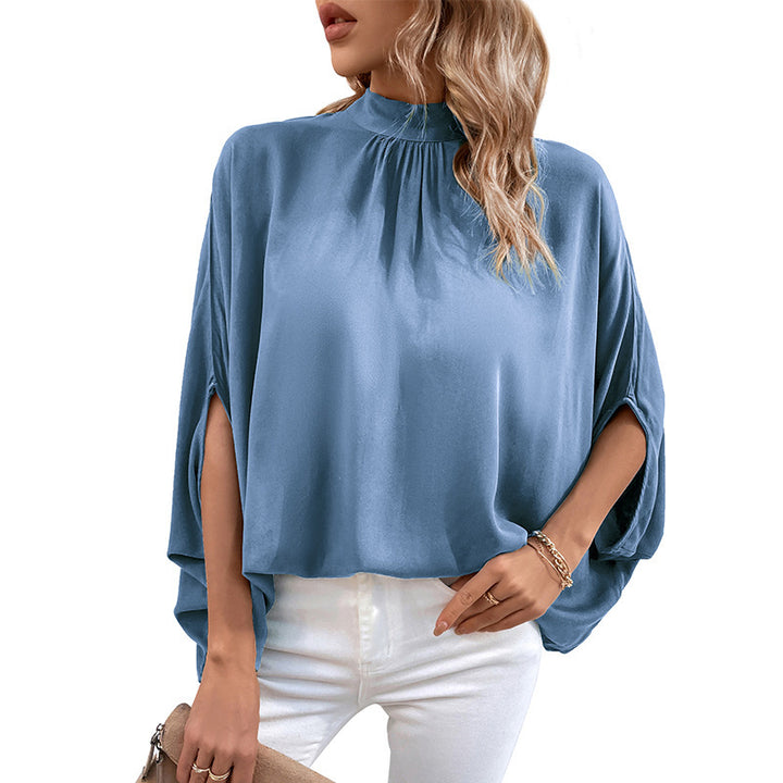 Women Elegant Blouse with Stand-up Collar and Side Slits Mune Fashion