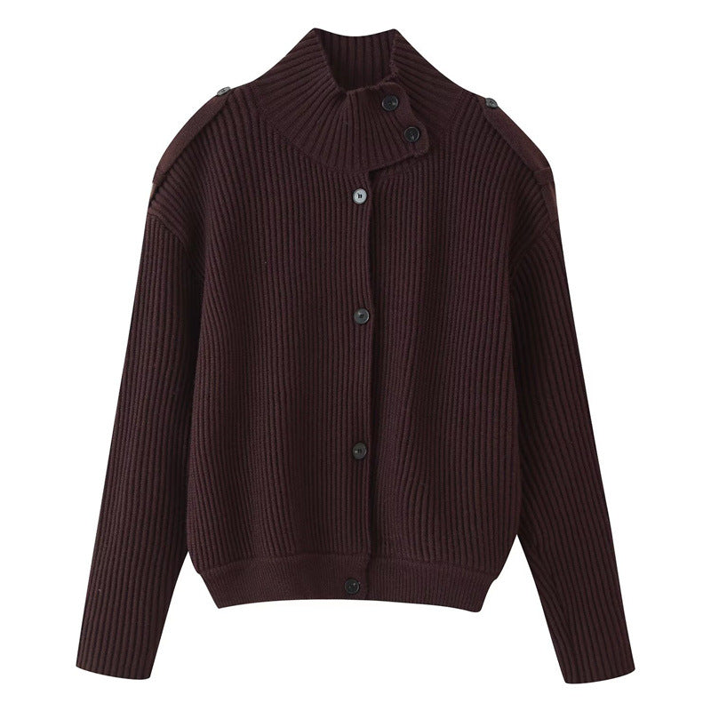 Women's Ribbed Knitted Cardigan with Stand-up Collar and Shoulder Button Detail Mune Fashion