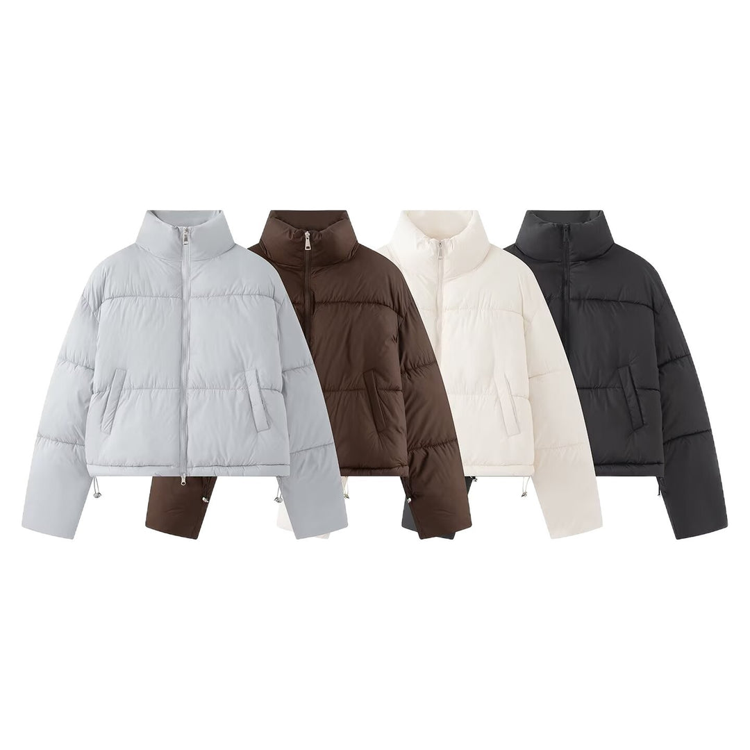 Women's Cropped Oversize Puffer Jacket with High Stand Collar and Two-Way Zipper Mune Fashion
