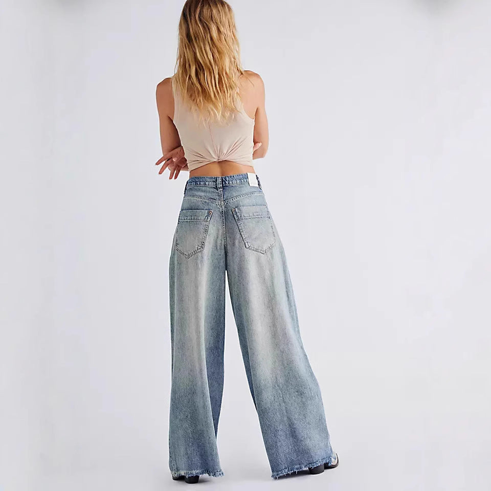 Women's extra-wide high-waist palazzo jeans made of denim with raw hem and vintage wash Mune Fashion