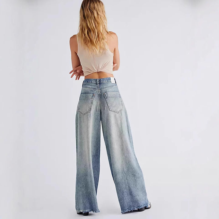 Women's extra-wide high-waist palazzo jeans made of denim with raw hem and vintage wash Mune Fashion