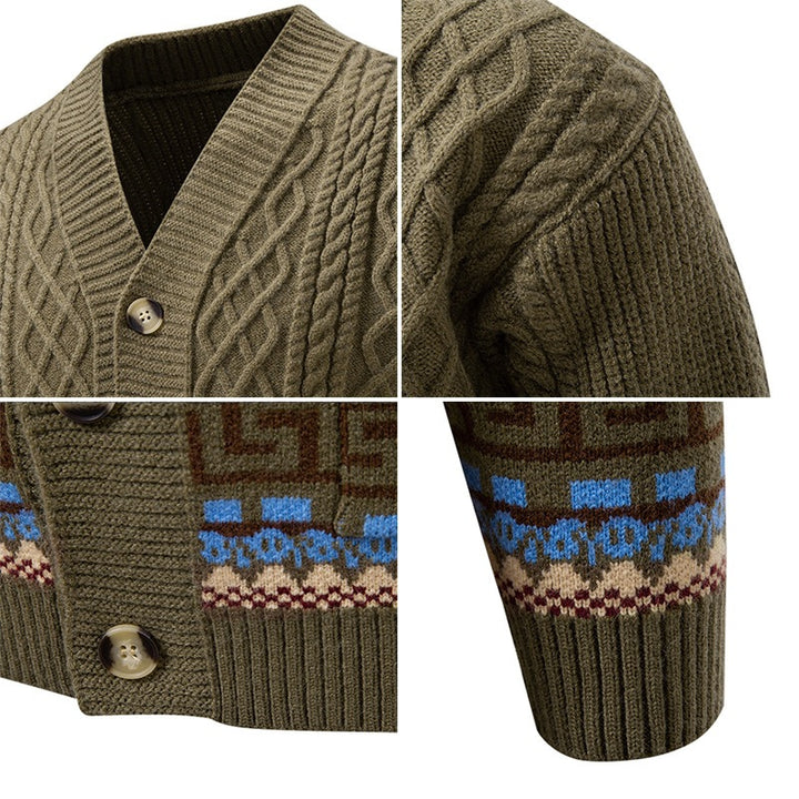 Men's knitted cardigan with cable pattern, jacquard cuffs, and button closure Mune Fashion