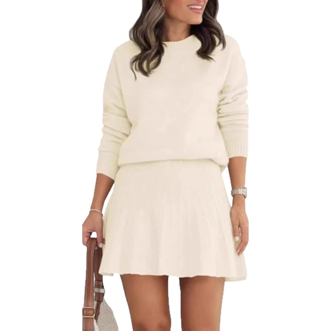 Women's Two-Piece Knit Set with Round Neck Sweater and Pleated Mini Skirt Drune