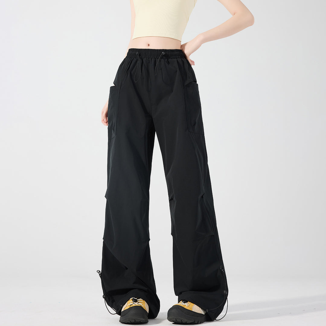 Women's Wide Technical Cargo Pants with Drawstring Waistband, Adjustable Hem, and Multifunctional Pockets Mune Fashion