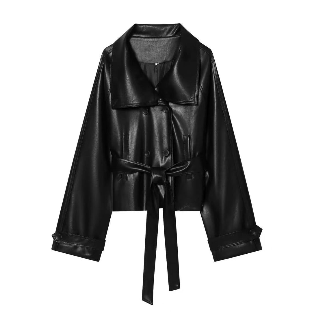 Women's Short Cut Double-Breasted Faux Leather Blouson with Waist Belt and Wide Lapel Collar Mune Fashion