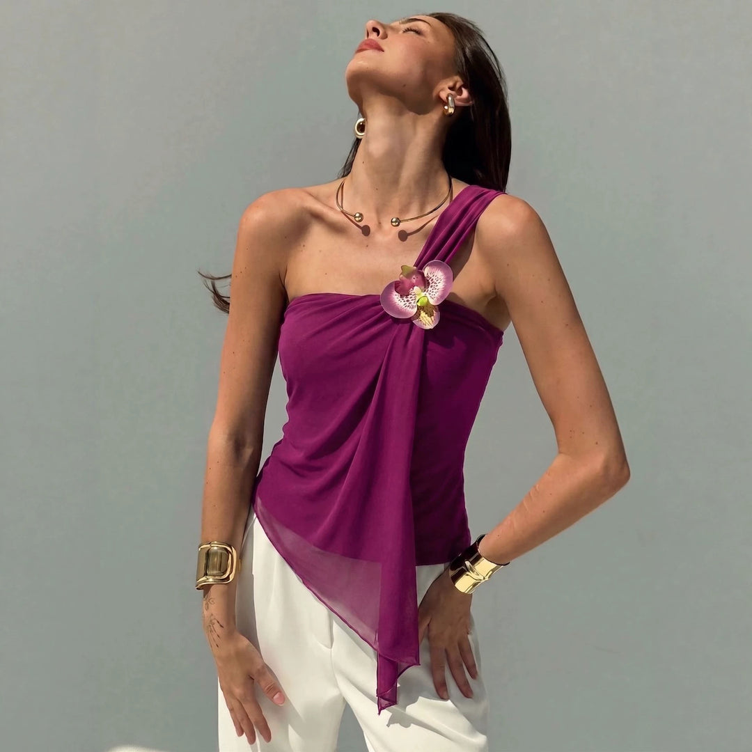 Women’s asymmetrical one-shoulder chiffon top with draping and decorative brooch Mune Fashion