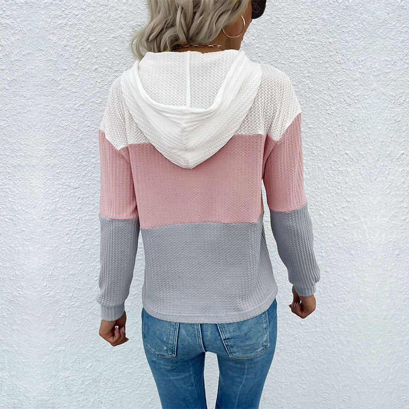 Women's Structured Waffle Knit Hoodie with Color Block, Drawstring and Casual Fit Mune Fashion