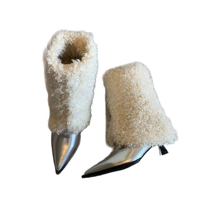 Women Fluffy Knee-High Boots with Pointed Patent Cap and Teddy Finish Mune Fashion