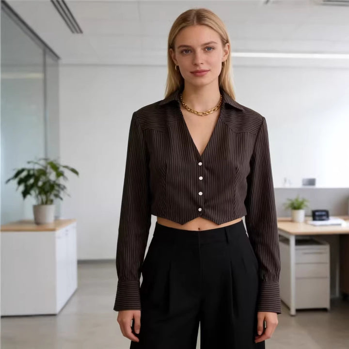 Ladies short blouse in pinstripe look with tailored cut and pointed hem Mune Fashion