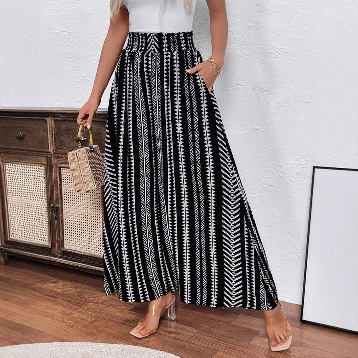 Women's Wide Palazzo Pants with High Smocked Waistband, Side Pockets & Graphic Stripe Pattern Mune Fashion