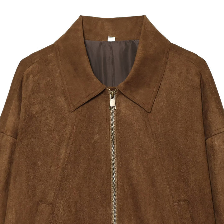 Women’s short cut suede look bomber jacket with shirt collar and ribbed cuffs Mune Fashion