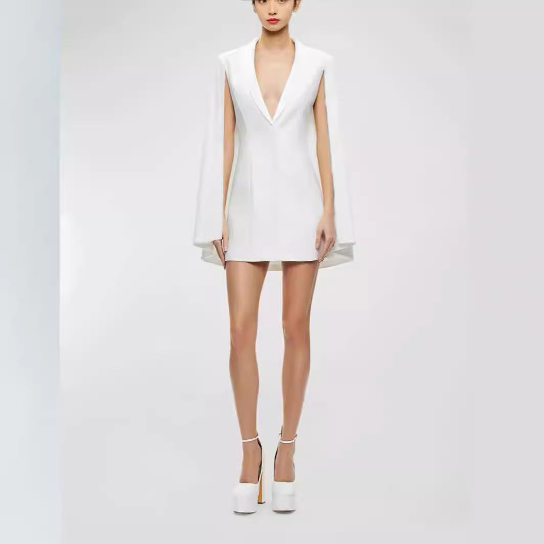Women's Short Cape Mini Dress with Deep V-Neck and Open Arm Cape Mune Fashion