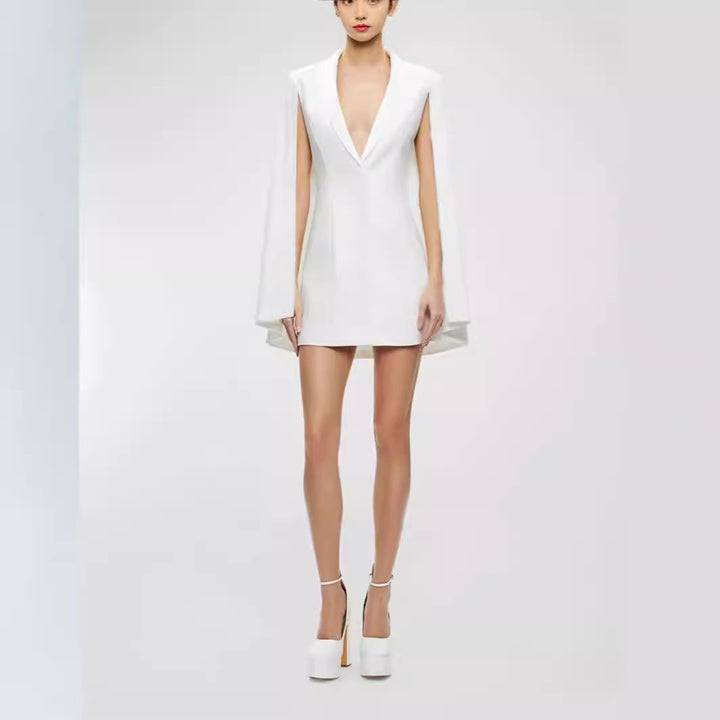 Women's Short Cape Mini Dress with Deep V-Neck and Open Arm Cape Mune Fashion