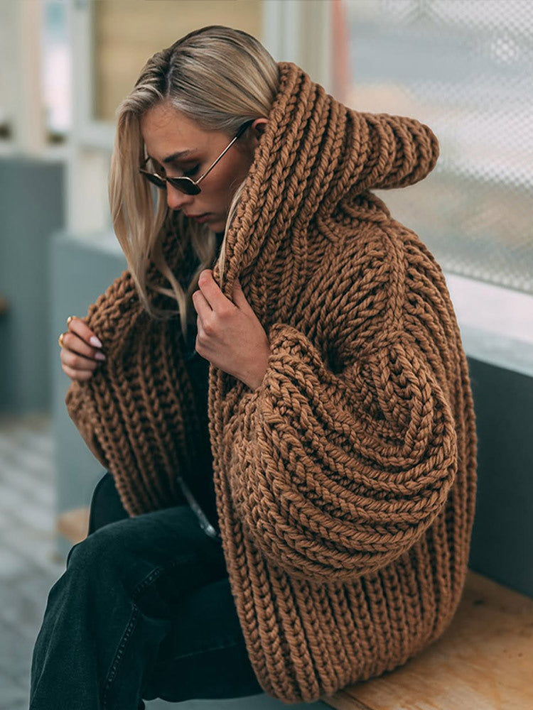 Women Oversize Chunky Knit Cardigan with Large Hood & Voluminous Sleeves Mune Fashion