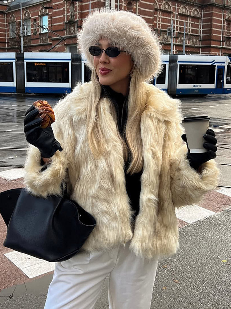 Women's Short Cut Boxy Faux Fur Coat with Long Pile Structure Mune Fashion