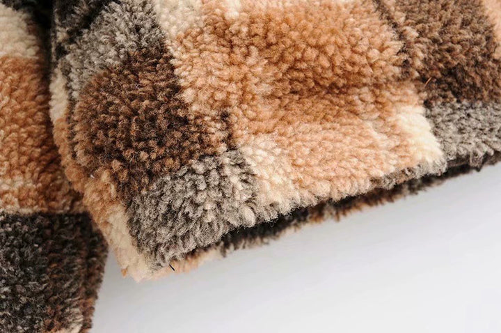 Women Checked Teddy Jacket with Zipper, Oversized Cut and Faux Fur Lining Mune Fashion