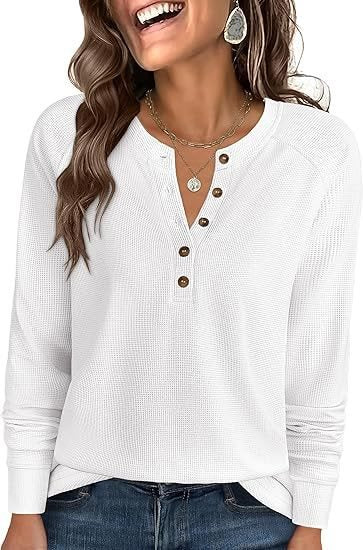Ladies Waffle Knit Henley Long Sleeve with Button Placket, Raglan Sleeves and Ribbed Cuffs Mune Fashion