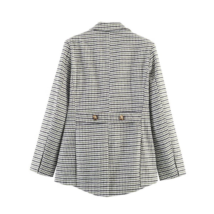 Women Double-Breasted Houndstooth Blazer with Tail Hem and Lapel Collar Mune Fashion