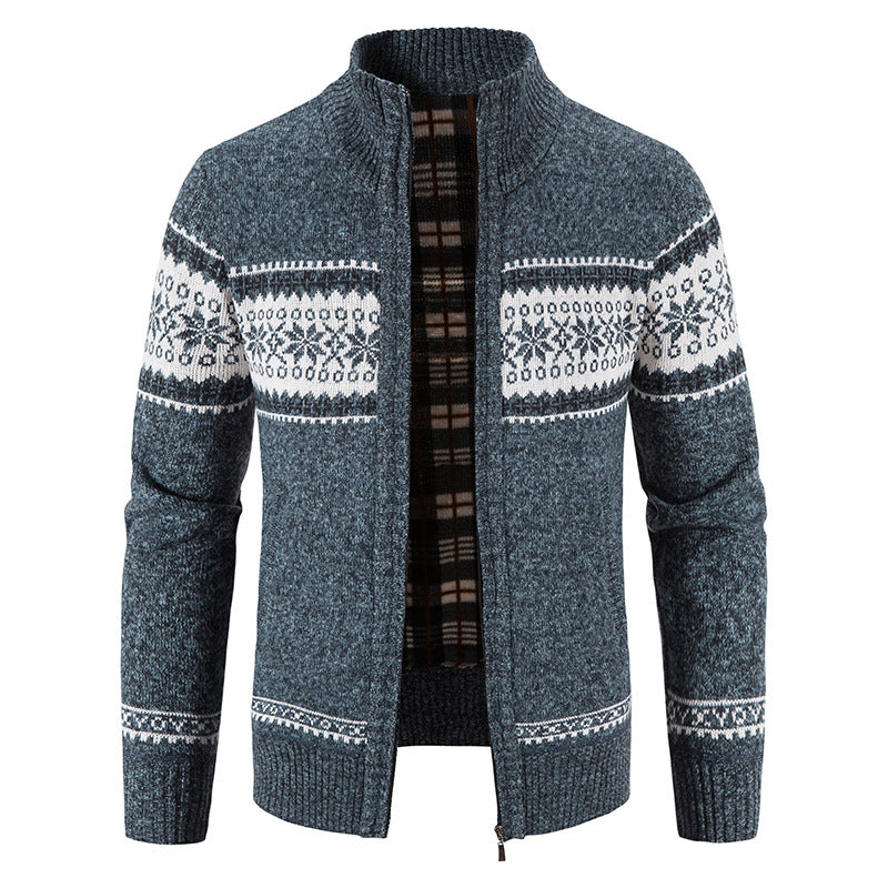 Men's chunky knitted Norwegian cardigan with full zip and checked fleece lining Mune Fashion