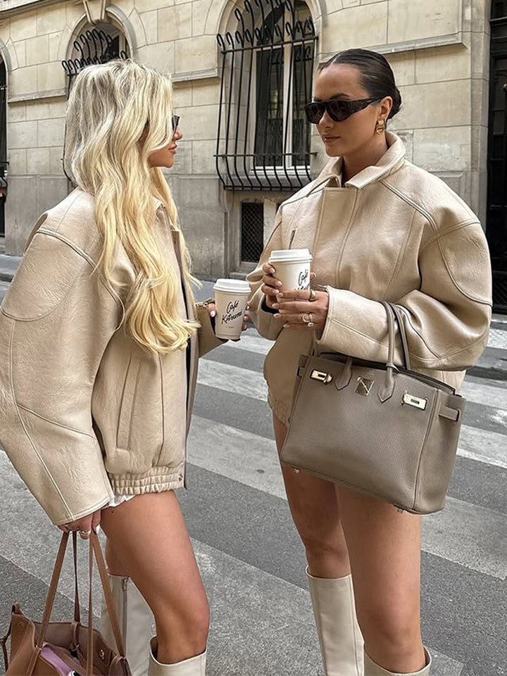 Women's Oversized Faux Leather Aviator Jacket with Teddy Lining, Visible Seam Details & Elastic Hem Mune Fashion