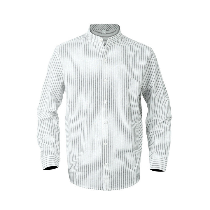 Men's striped stand-up collar shirt made of linen-cotton blend with button placket Mune Fashion