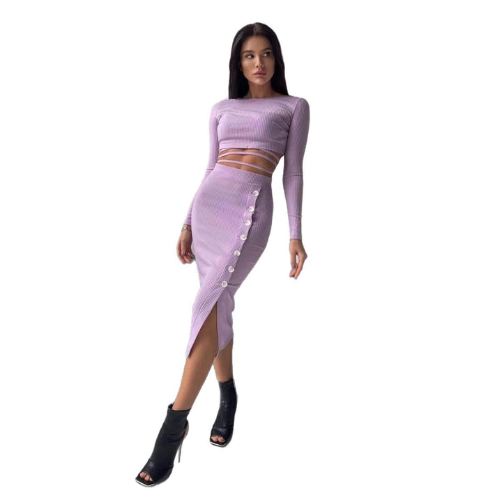 Women Ribbed Two-Piece Set with Cropped Long Sleeve Top, Wrap Band and Waist Highlighting Button Midi Skirt Mune Fashion