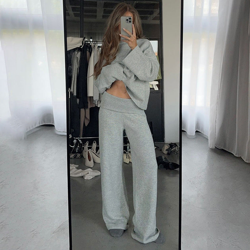 Women cashmere-like knit lounge set with oversized sweater and wide palazzo pants Mune Fashion