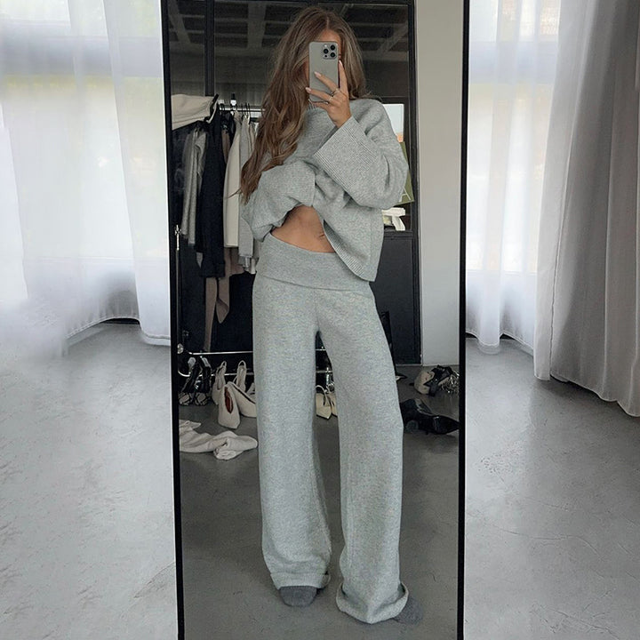 Women cashmere-like knit lounge set with oversized sweater and wide palazzo pants Mune Fashion