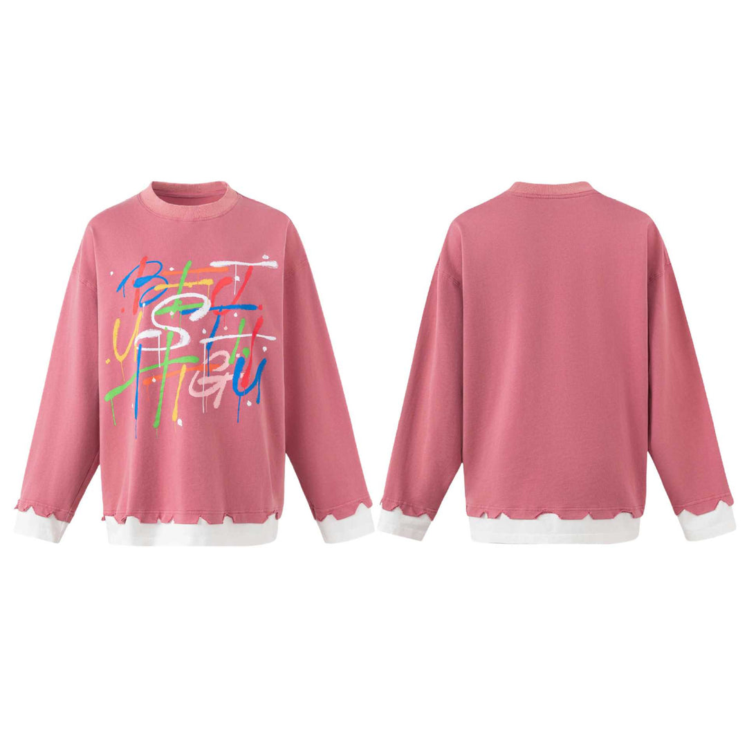 Women's Oversize Sweatshirt with Graffiti Print, Wavy Hem and Layered Look Mune Fashion