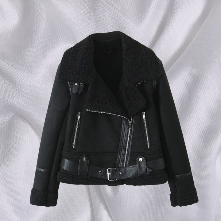 Women's Short Cut Lambskin Imitation Biker Jacket with Asymmetric Zipper, Belt and Teddy Lining Mune Fashion