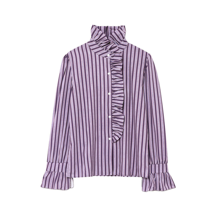 Women's Striped Ruffle Blouse with Stand-Up Collar and Flounce Cuffs Mune Fashion