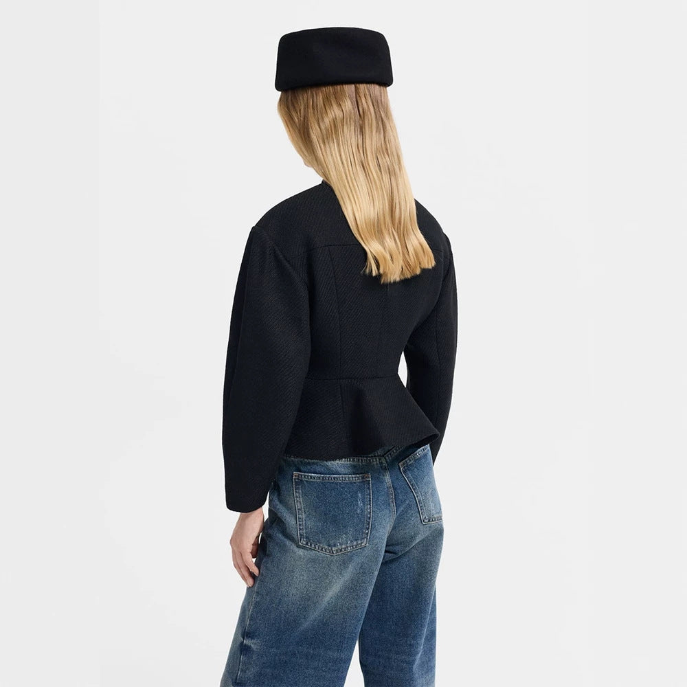 Women's tailored jacket with peplum hem, structured woven quality and decorative buttons Mune Fashion