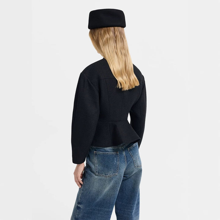 Women's tailored jacket with peplum hem, structured woven quality and decorative buttons Mune Fashion