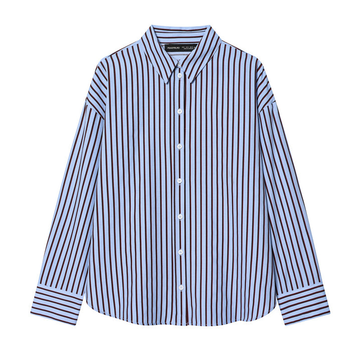 Women Oversized Shirt with Vertical Striped Pattern and Kent Collar Mune Fashion