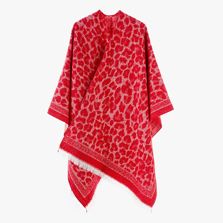 Women Jacquard Cape Poncho with Leo Structure and Fringe Hem Mune Fashion