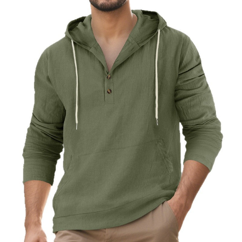 Men's linen look Henley hoodie with button placket and kangaroo pocket Mune Fashion