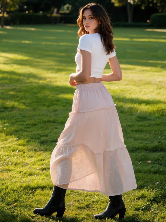 Ladies airy tiered skirt with elastic waistband and transparent chiffon look Drune