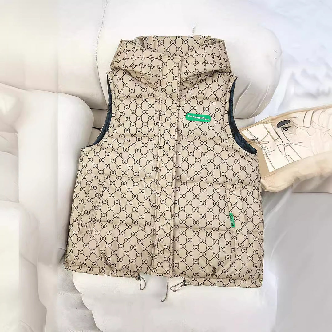 Women's quilted hooded vest with all-over logo print, padded insulation, adjustable hem, and concealed zip pockets Mune Fashion