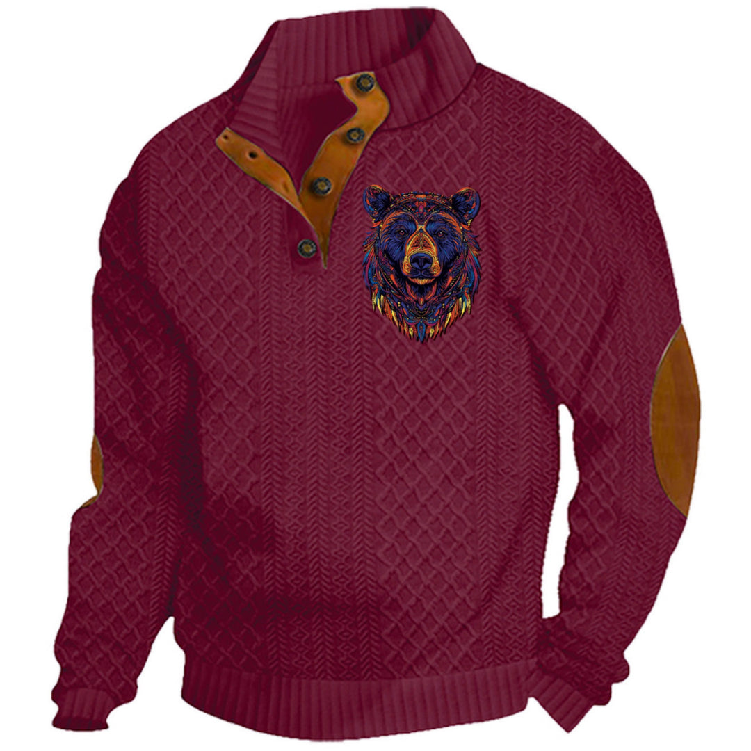 Men's nan Heritage textured pullover with stand-up collar faux leather trim elbow patches and half-button placket Mune Fashion