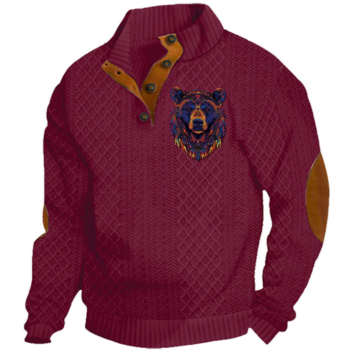 Men's nan Heritage textured pullover with stand-up collar faux leather trim elbow patches and half-button placket Mune Fashion