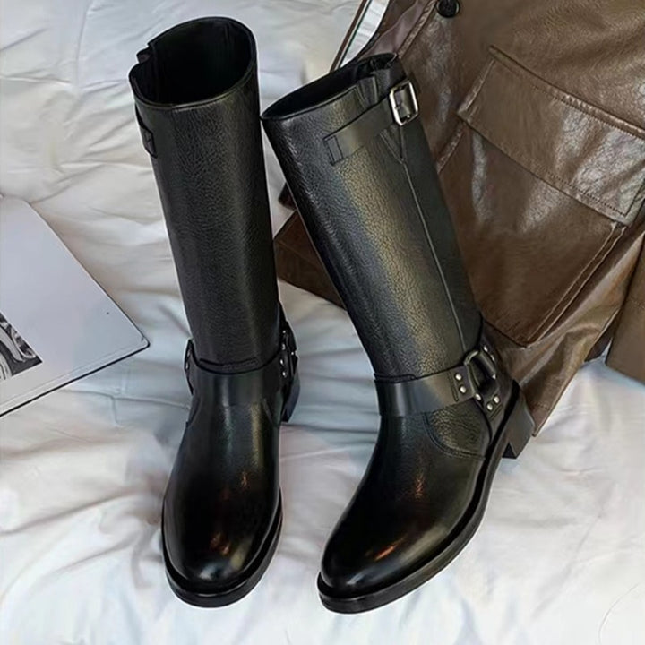 Women's knee-high leather biker boots with harness straps & adjustable shaft buckle Mune Fashion