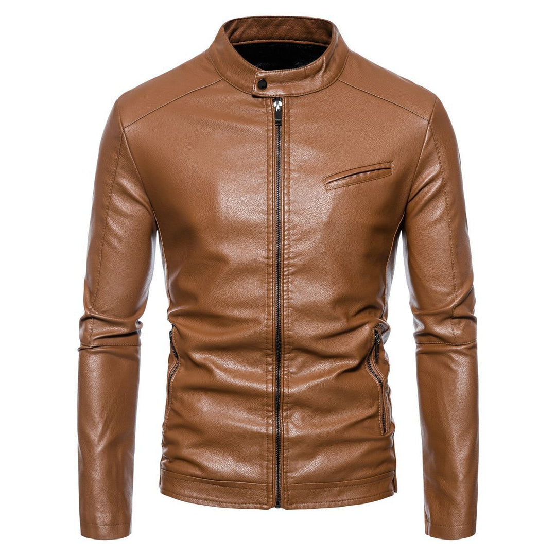 Men's Slim Faux Leather Biker Jacket with Stand-up Collar, Faux Fur Lining and Zipper Pockets Mune Fashion
